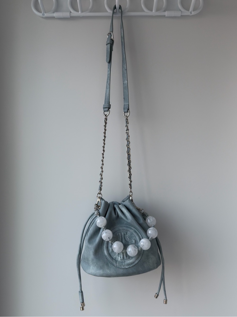 Light Blue Mini Drawstring Bucket Bag with Pearl-Style Handle - Picture 9 of 10